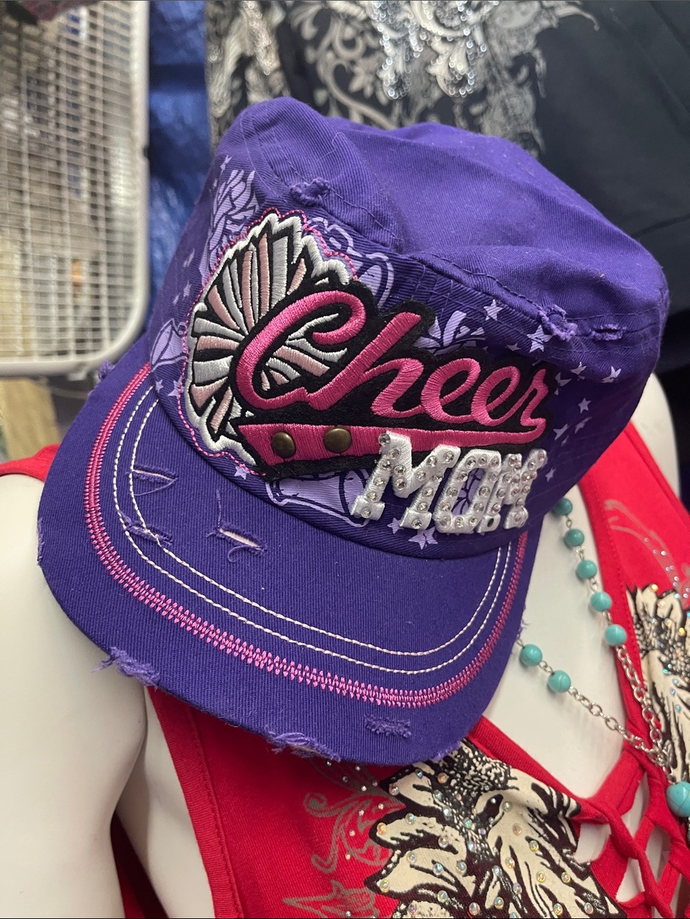 New Cheer Mom Embroidered Purple Baseball Cap with Pink Accents w/Rhinestones